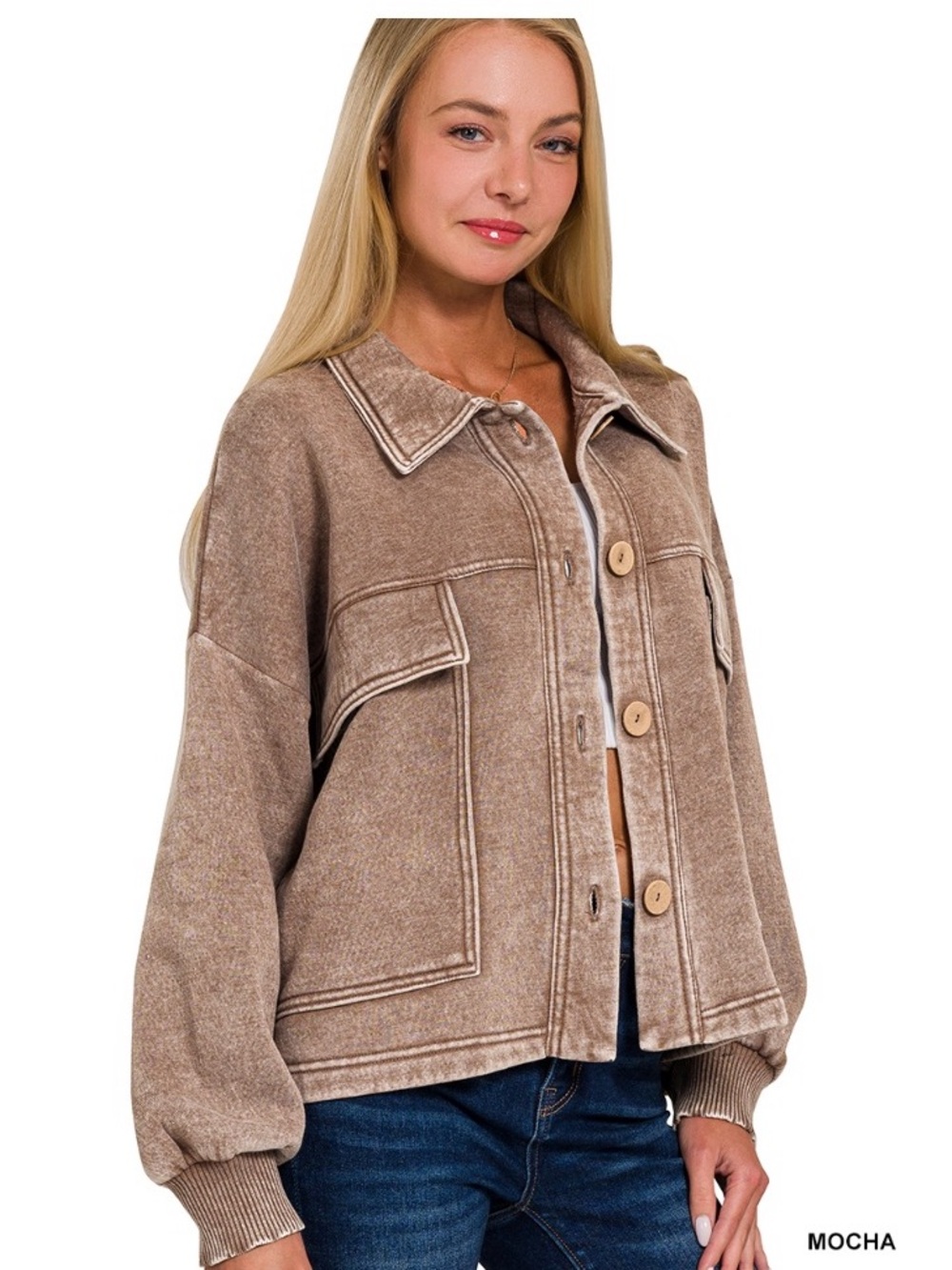 ❤️ 178 ZENANA ACID WASHED FLEECE FRONT POCKET SHACKET AND PANT - Picture 3 of 4